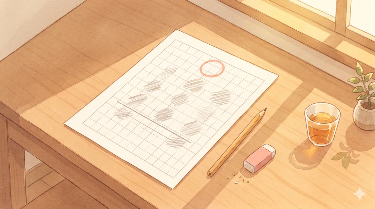 Grid practice paper with a highlighted carry mark, next to a pencil and an eraser