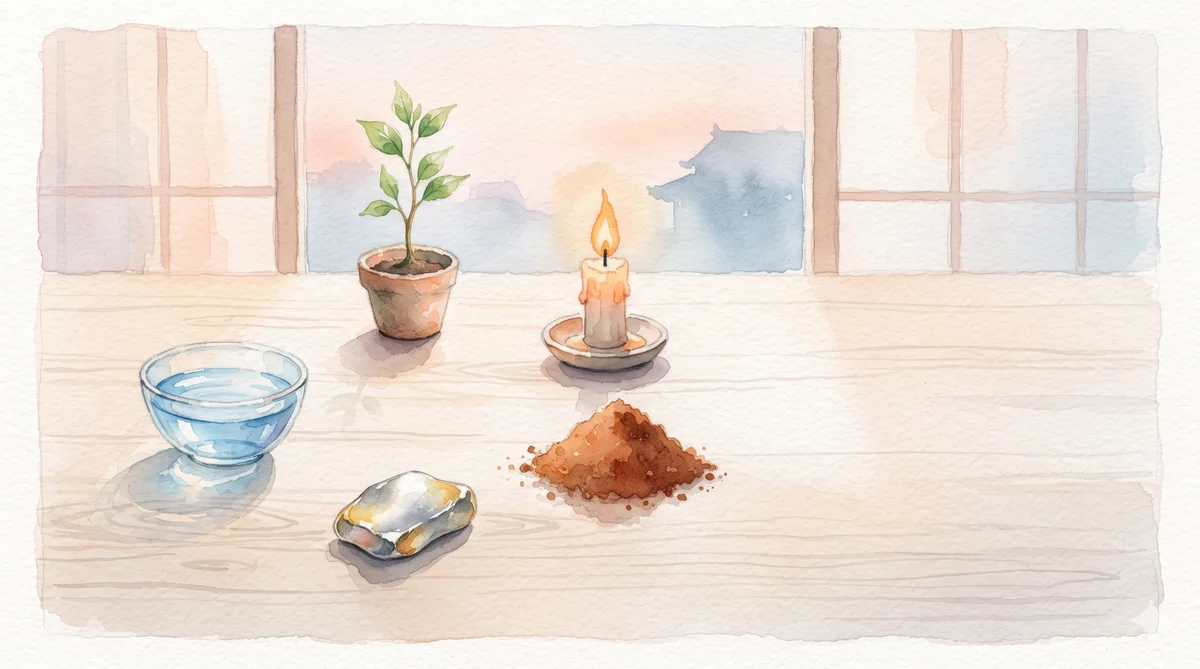 Watercolor of five objects for the five elements arranged in a circle in dawn light
