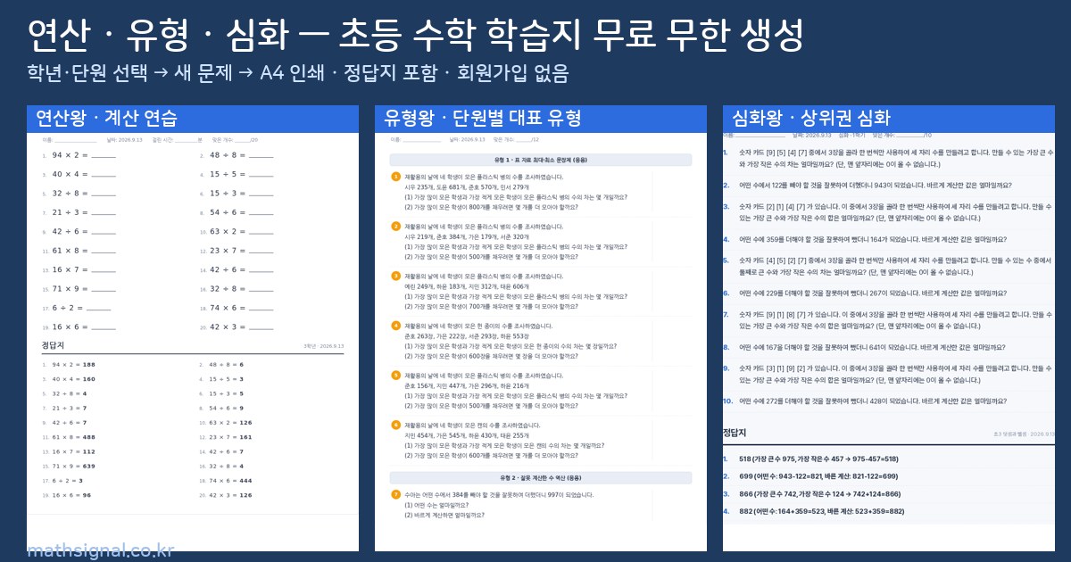 초등 연산·유형·심화 학습지 예시
