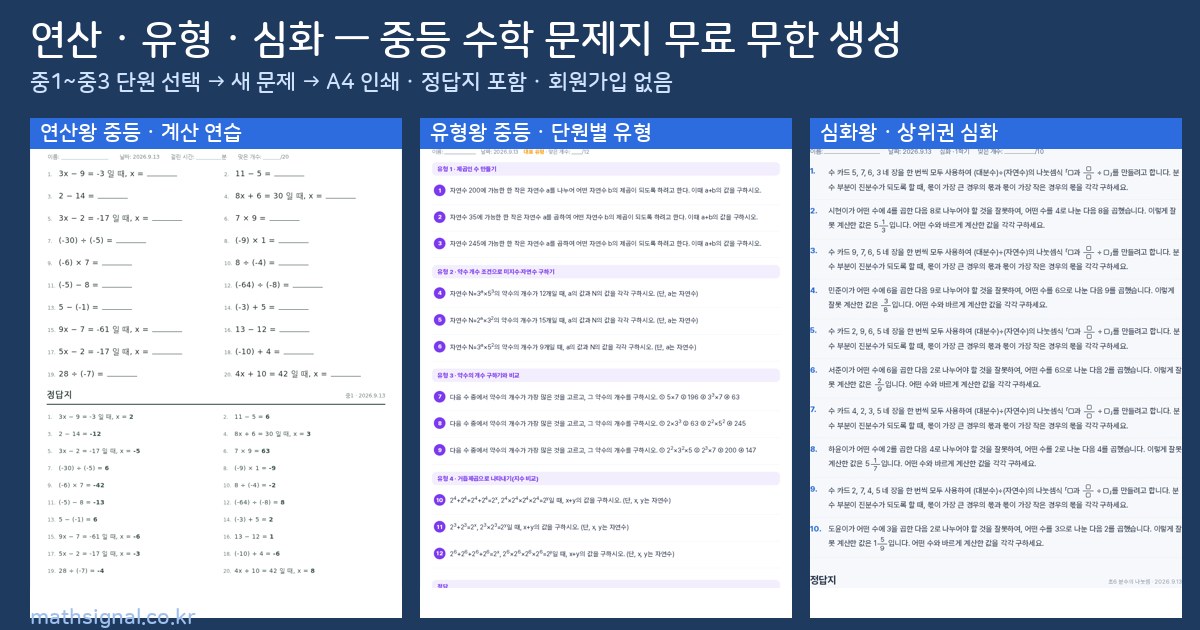 중등 연산·유형·심화 학습지 예시